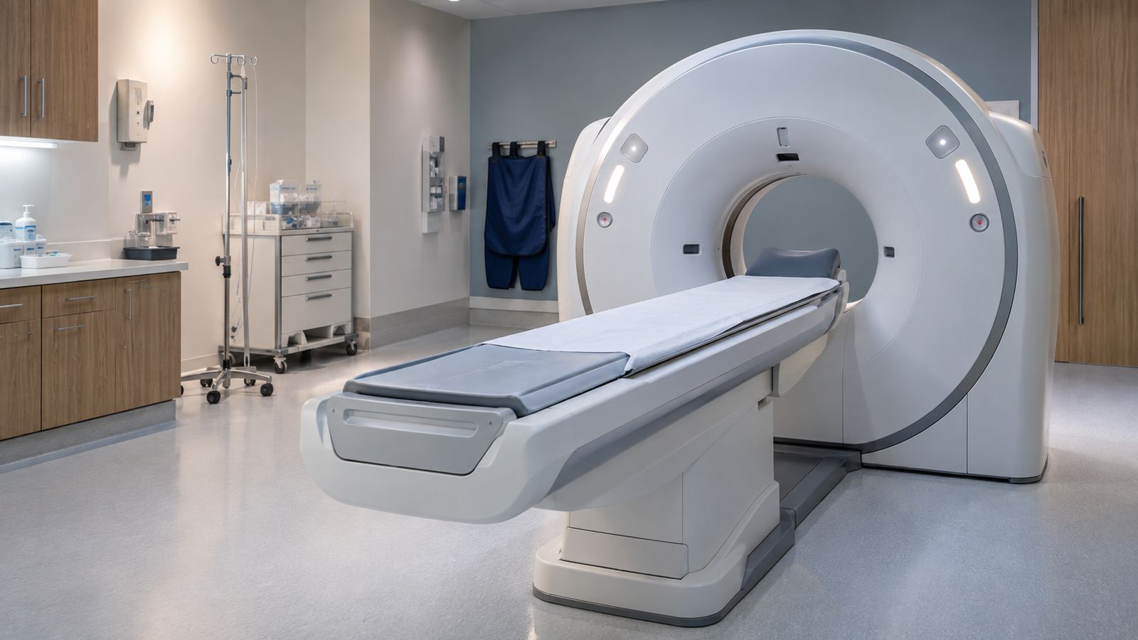 Salle de scanner avec sa table d'examen, sans patient