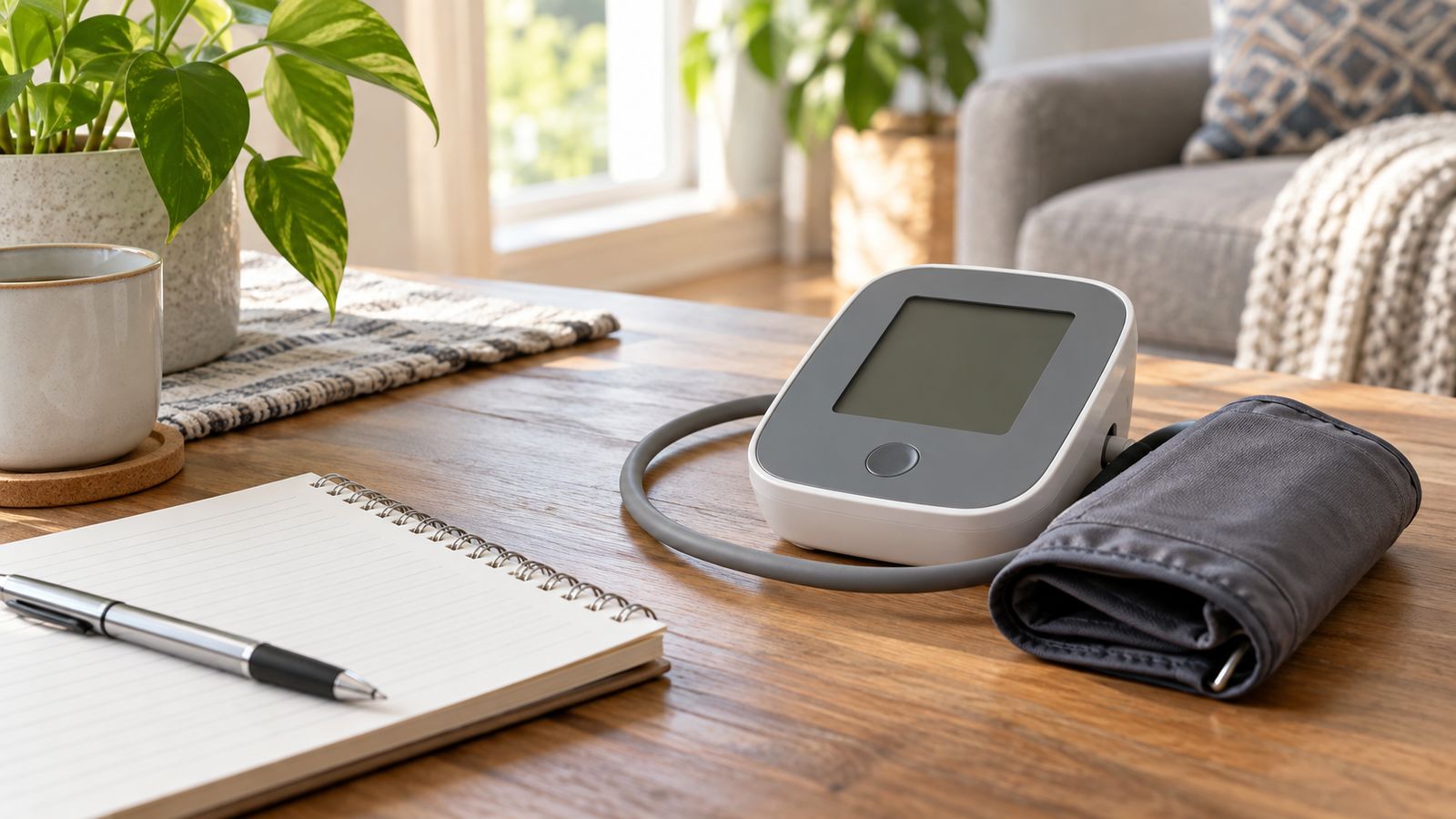 Tensiomètre automatique et carnet de suivi sur une table