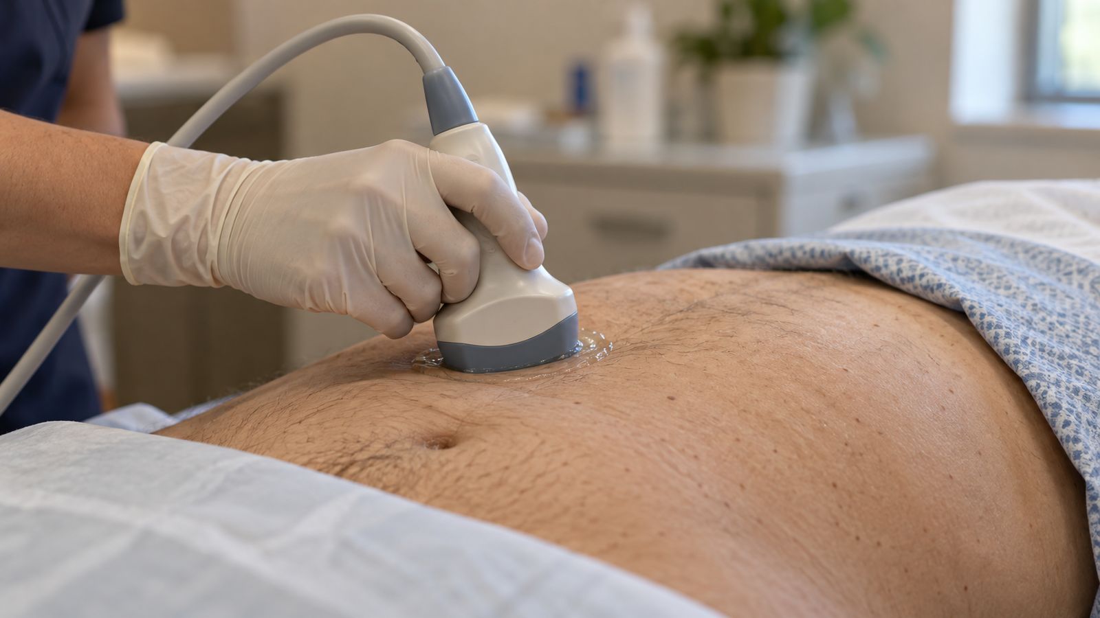 Échographie de l'abdomen réalisée avec une sonde, main gantée