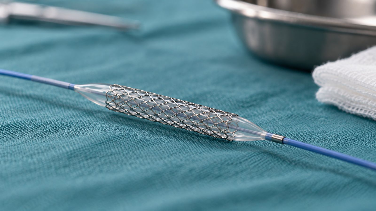 Stent coronaire monté sur son ballonnet, posé sur un champ stérile