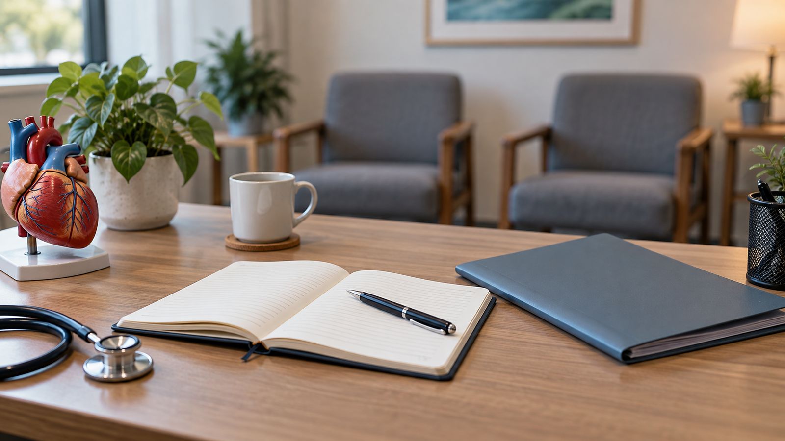 Carnet ouvert et stylo sur un bureau de consultation, près d'une maquette du cœur