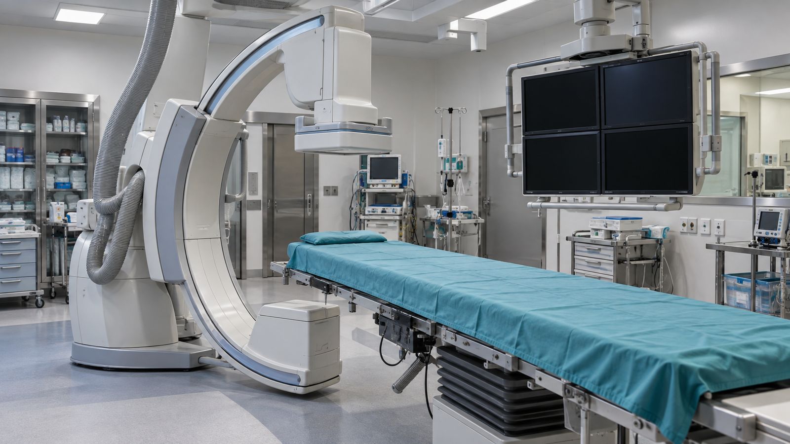Salle de coronarographie avec son arceau de radiologie, sans patient
