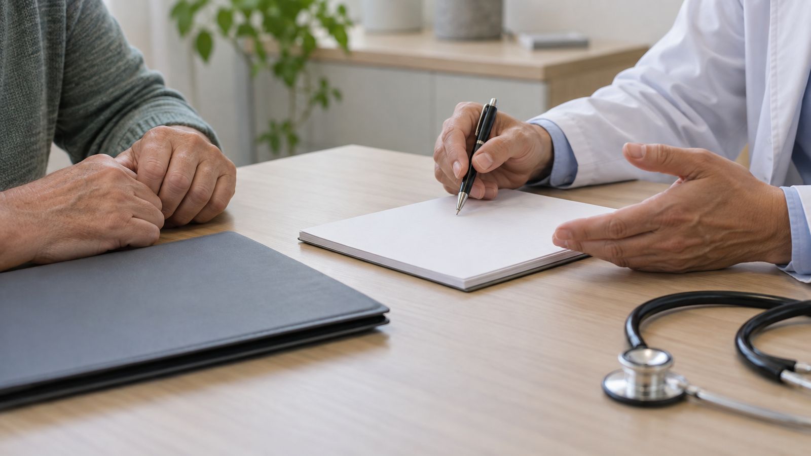 Consultorio: historia cerrada, libreta y estetoscopio entre las manos del médico y del paciente