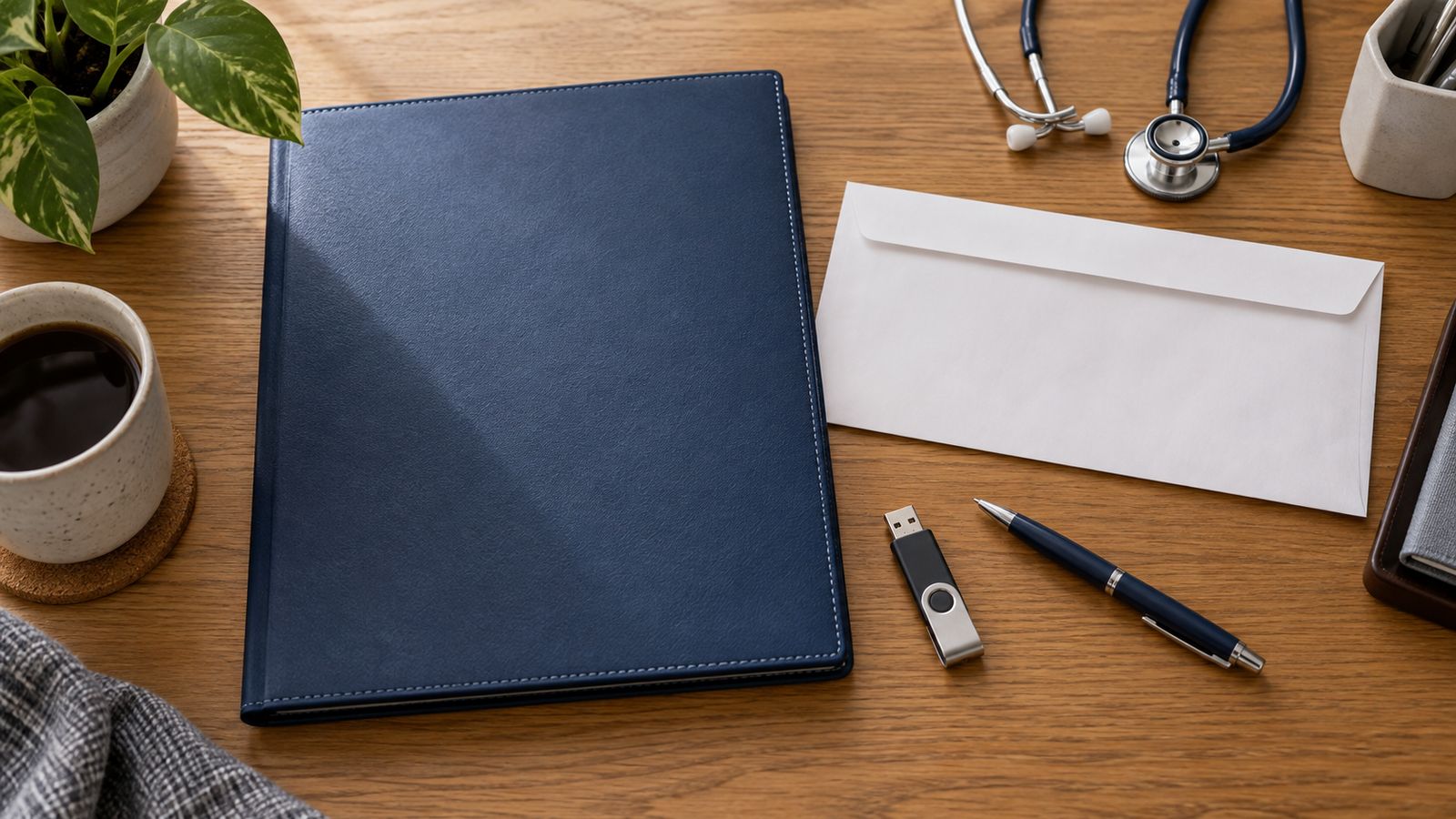 Dossier médical, enveloppe d'examens et clé USB préparés pour la consultation