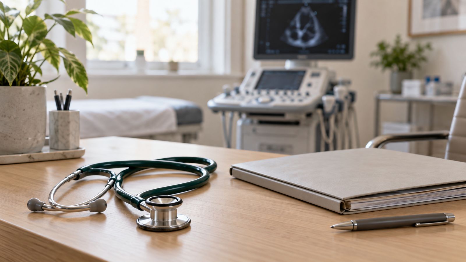 Stéthoscope et dossier médical sur un bureau de consultation cardiologique