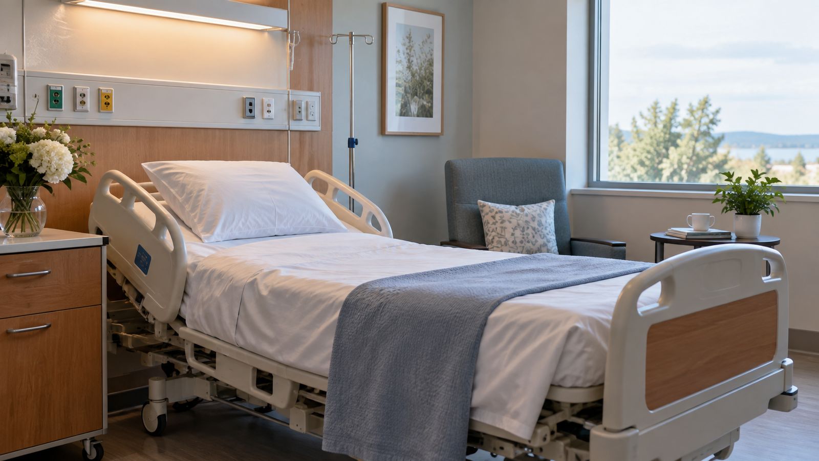 Chambre d'hospitalisation lumineuse, lit préparé près de la fenêtre