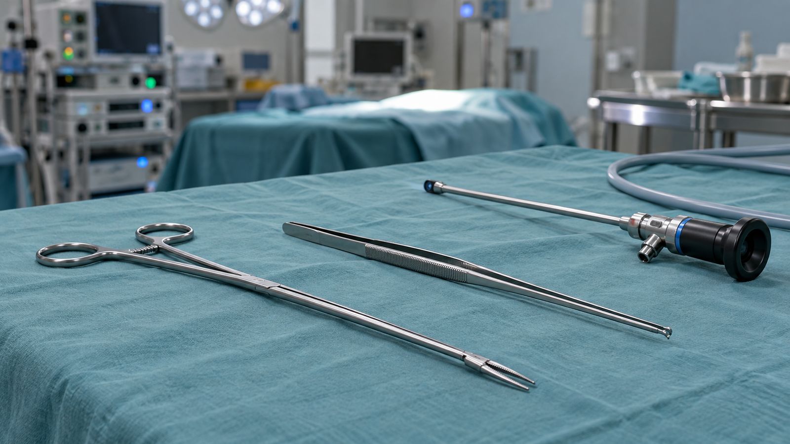 Instruments chirurgicaux fins et endoscope sur un champ opératoire