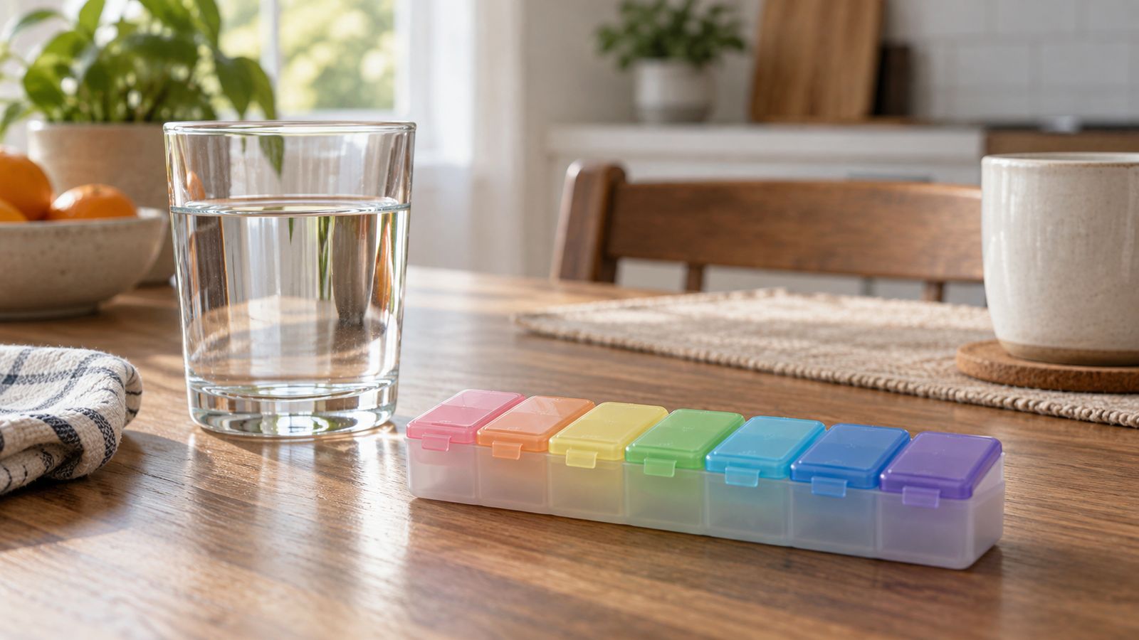 Pilulier de la semaine et verre d'eau sur une table de cuisine