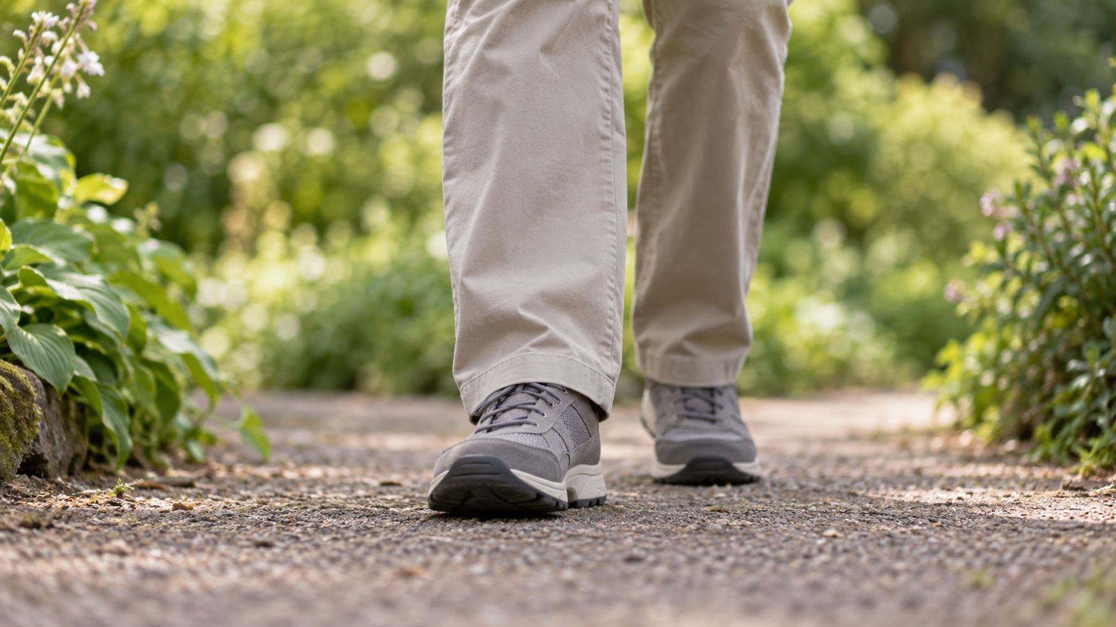 Marche tranquille sur une allée de jardin, en reprise progressive d'activité