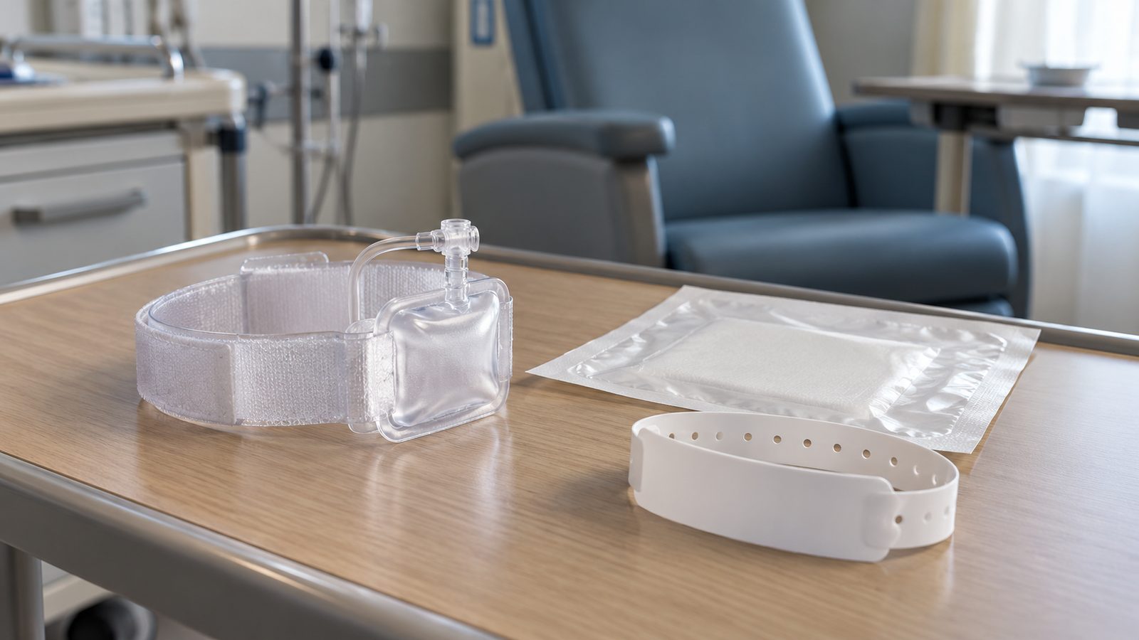 Bracelet de compression radiale, pansement et bracelet d'hôpital vierge sur une table de salle de réveil
