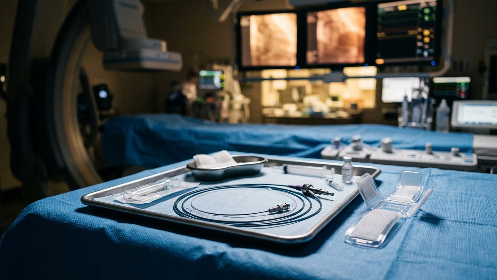 Plateau stérile de salle de cathétérisme avec un cathéter coronaire enroulé et un bracelet de compression radiale, écran d'angiographie flou en arrière-plan