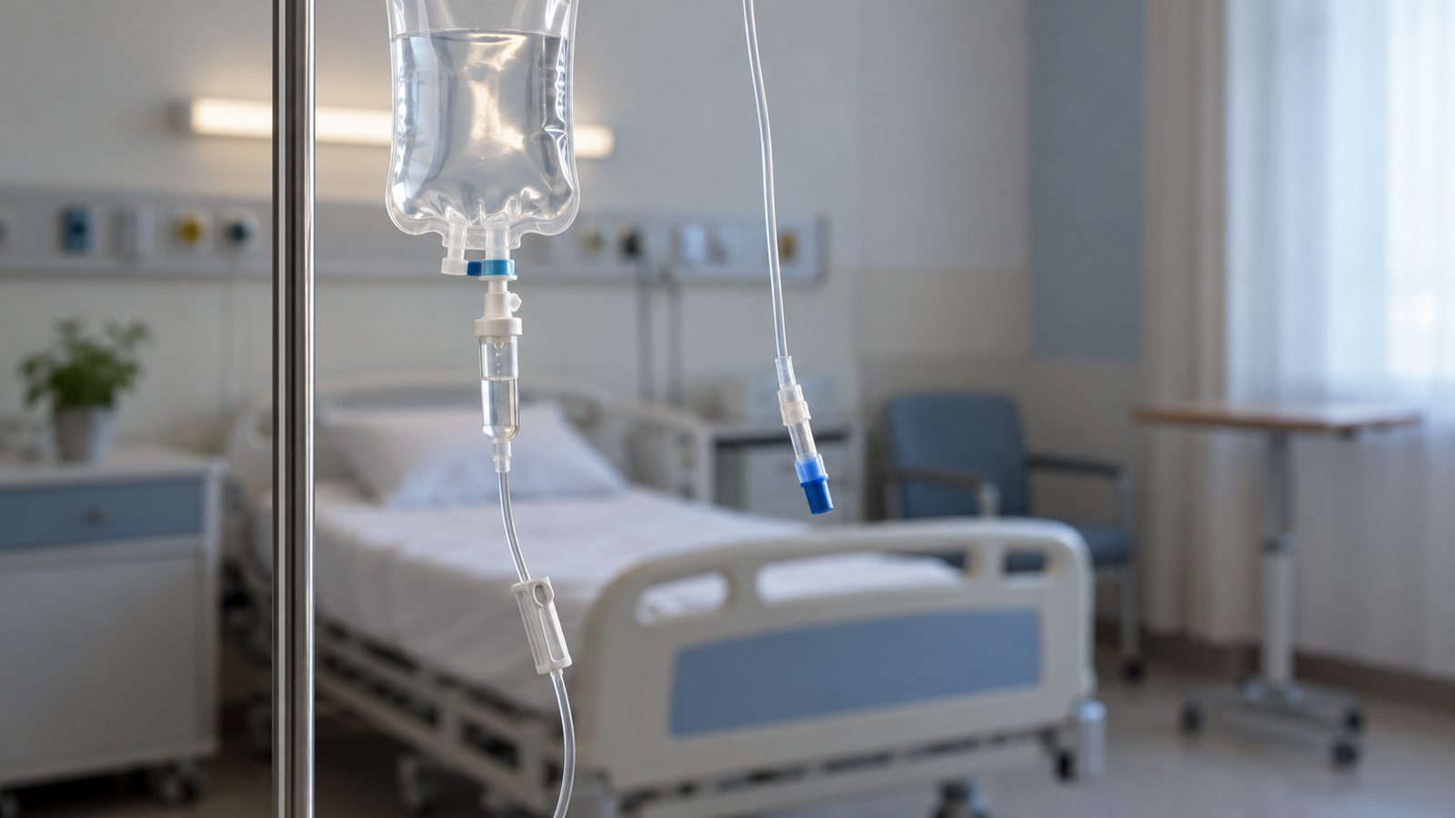 Poche de perfusion d'antibiotique suspendue à une potence, chambre d'hôpital floue en arrière-plan