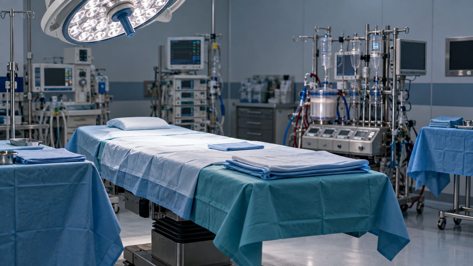 غرفة عمليات القلب مهيأة قبل التدخل، الطاولة معدّة والإضاءة مشتعلة