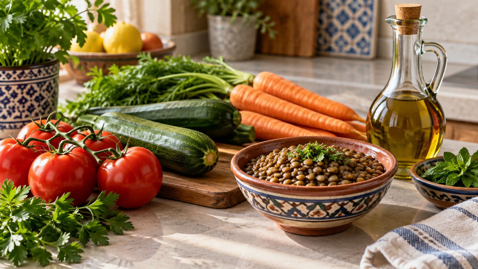 Légumes frais, lentilles et huile d'olive pour un repas équilibré