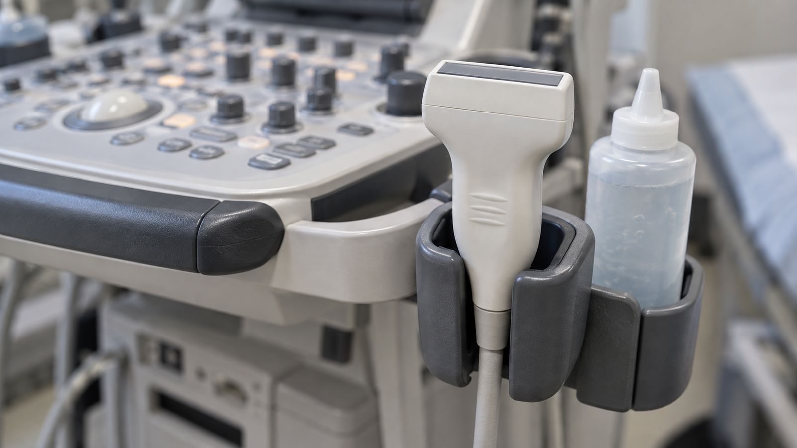 Sonda lineare per ecografia vascolare nel suo supporto