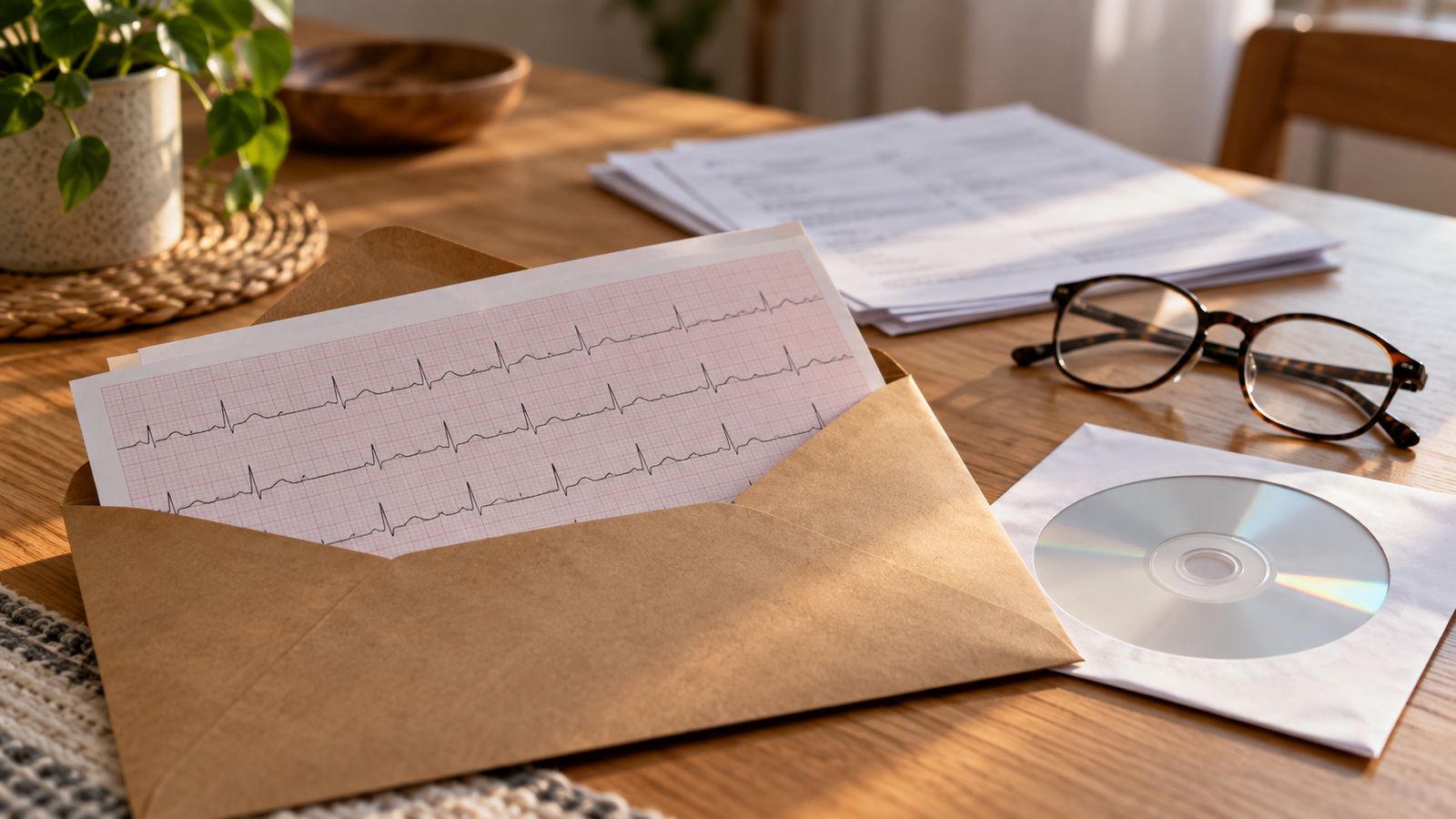 Sobre abierto con un trazado de electrocardiograma, junto a un CD de imágenes, informes y unas gafas