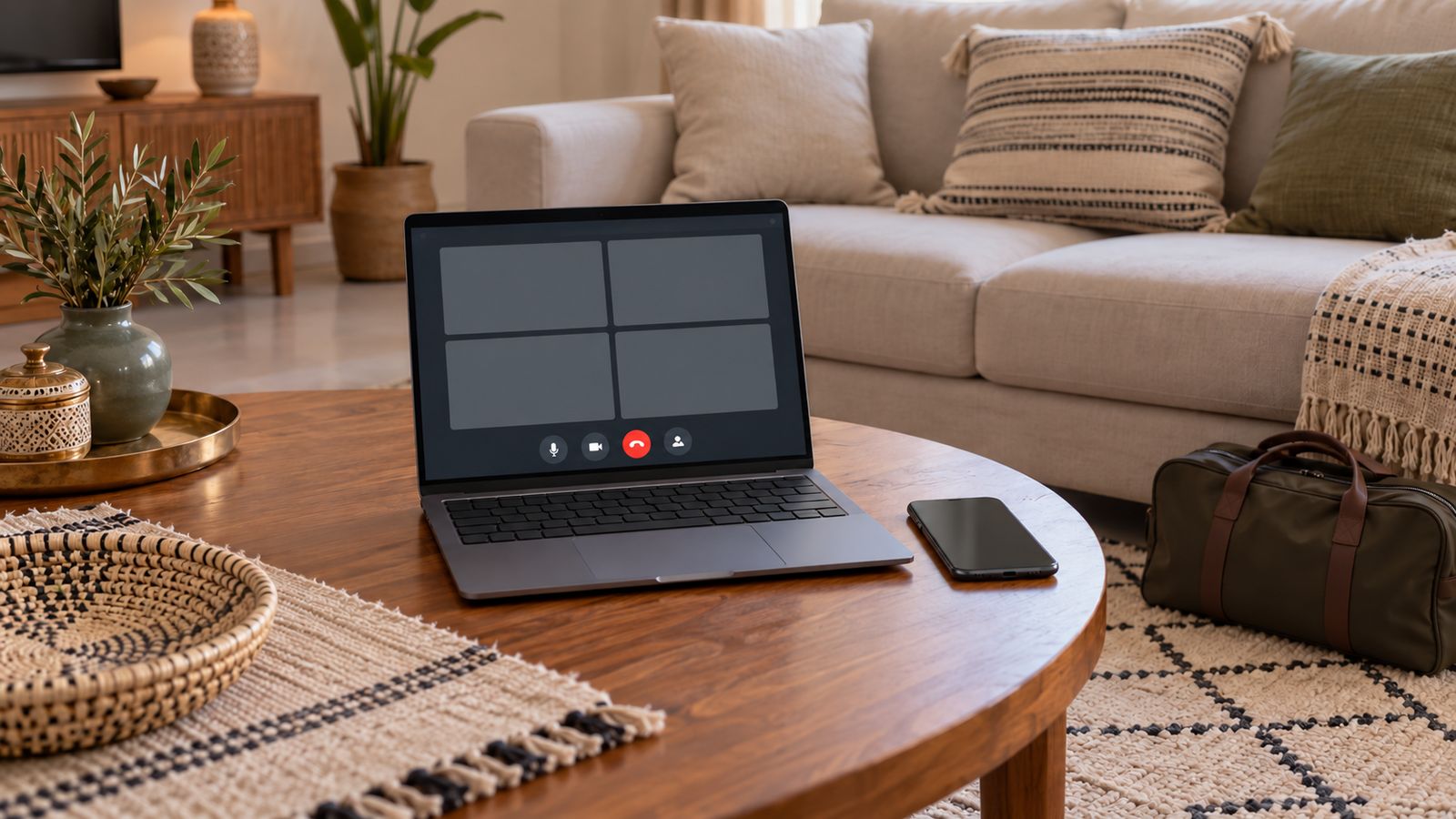 Portátil abierto en una videollamada en un salón, teléfono al lado y bolsa de viaje lista al pie de la mesa