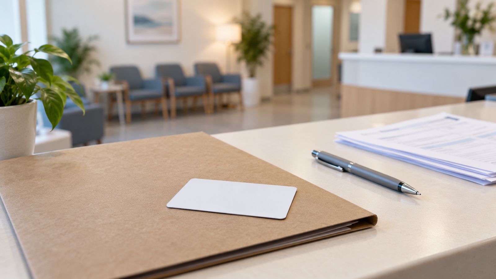 Carpeta cerrada y tarjeta en blanco sobre el mostrador de recepción de una clínica, sala de espera al fondo