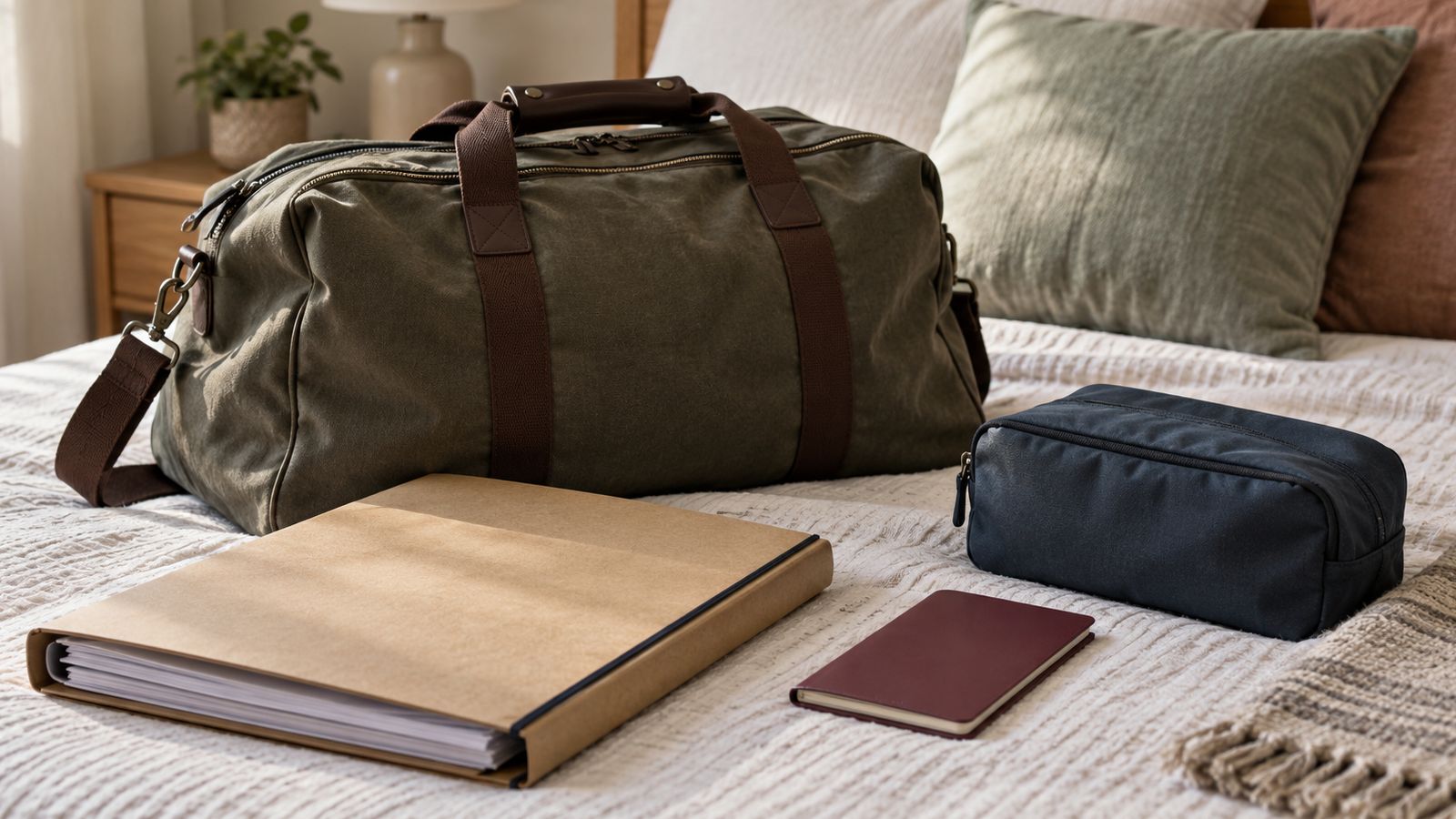 Bolsa de viaje, expediente médico grueso, pasaporte y neceser sobre una cama, listos para la salida