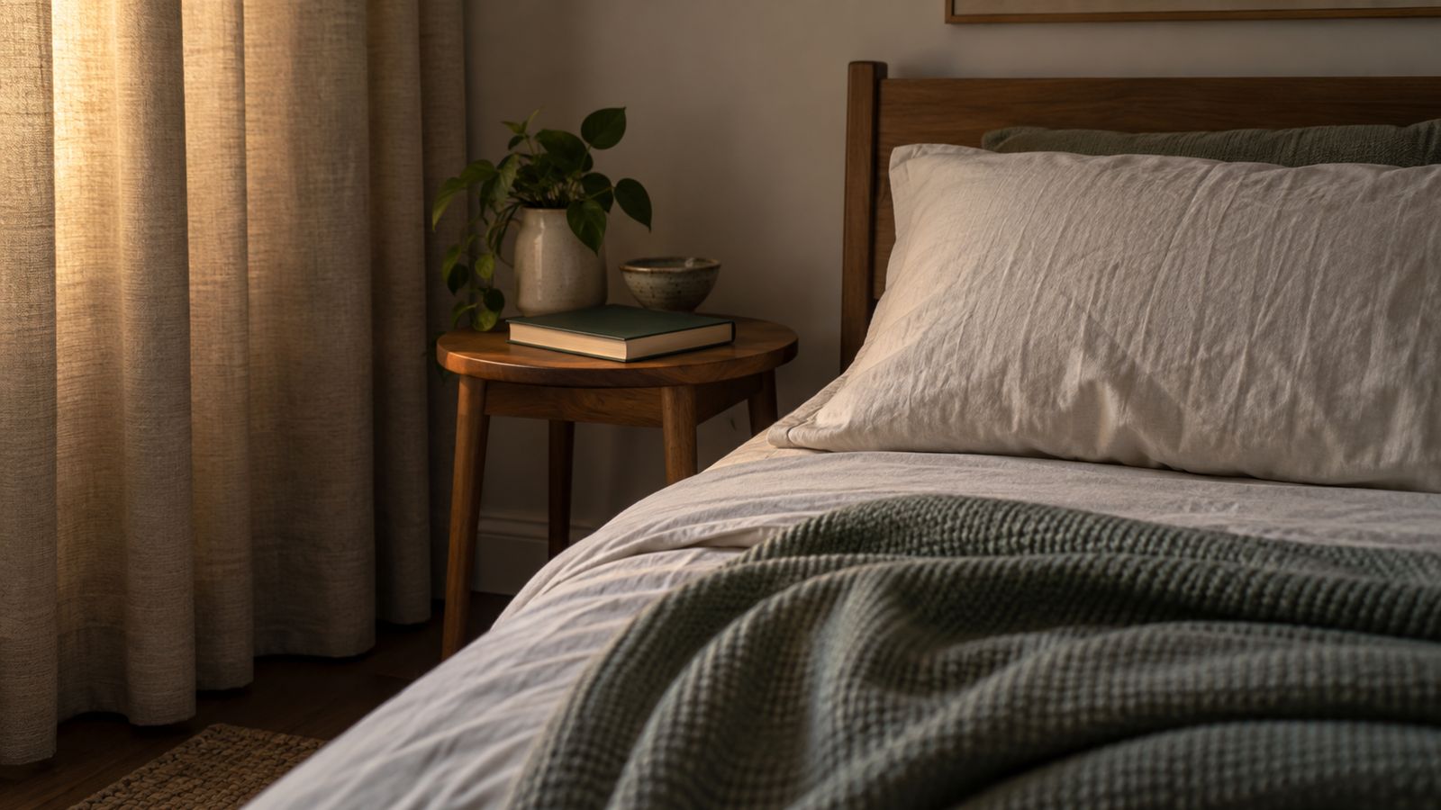 Literie et livre dans une chambre calme, illustration du repos