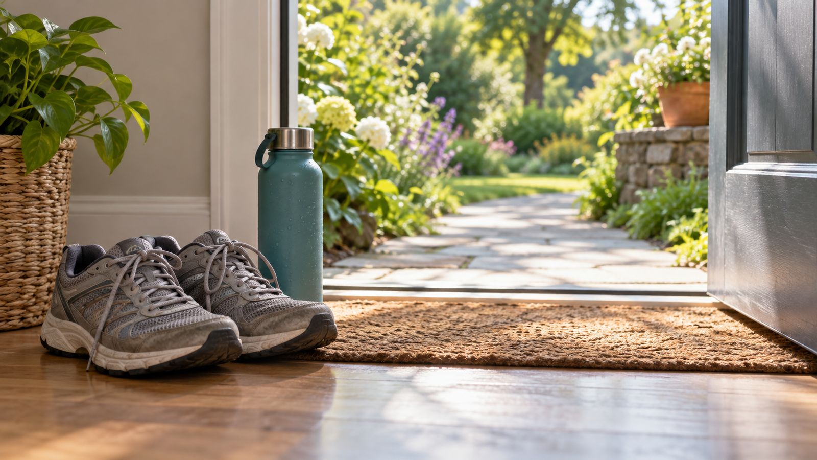 Chaussures de marche et gourde prêtes près de la porte du jardin