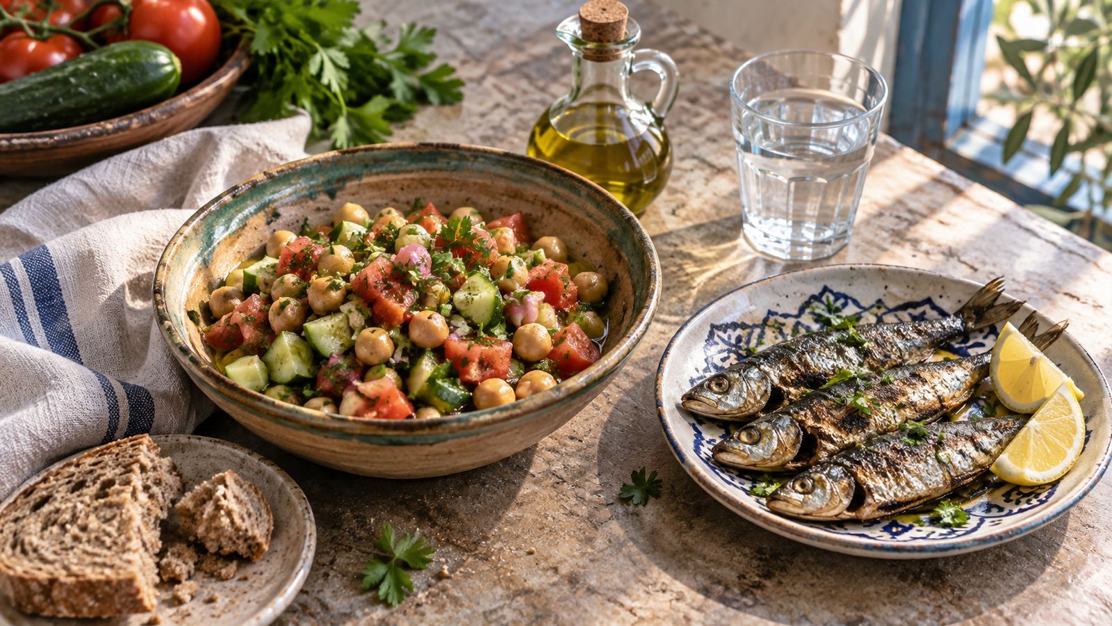 Pasto mediterraneo: insalata di ceci, sardine alla griglia, pane integrale e olio d'oliva