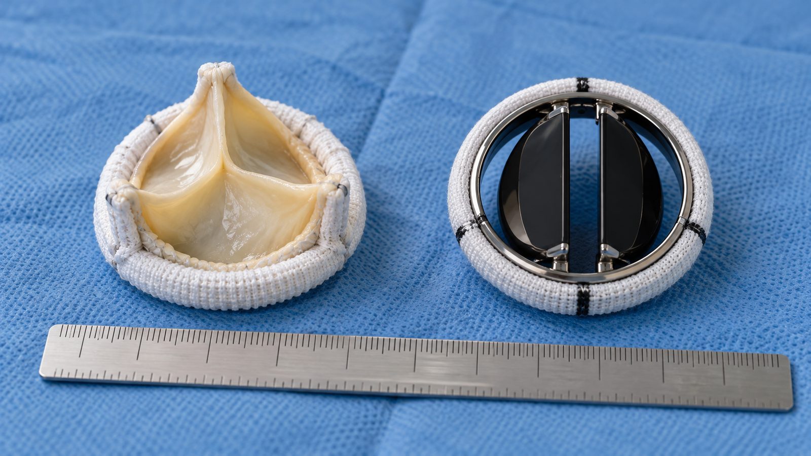 Valve cardiaque biologique et valve mécanique côte à côte sur un champ stérile, avec une règle de mesure