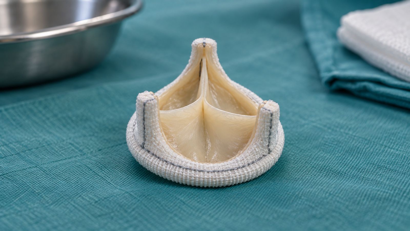 Prothèse de valve cardiaque biologique posée sur un champ stérile