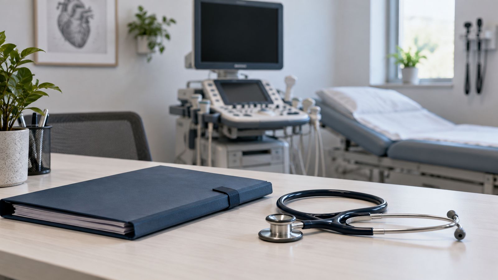 Dossier de suivi et stéthoscope dans une salle d'échocardiographie