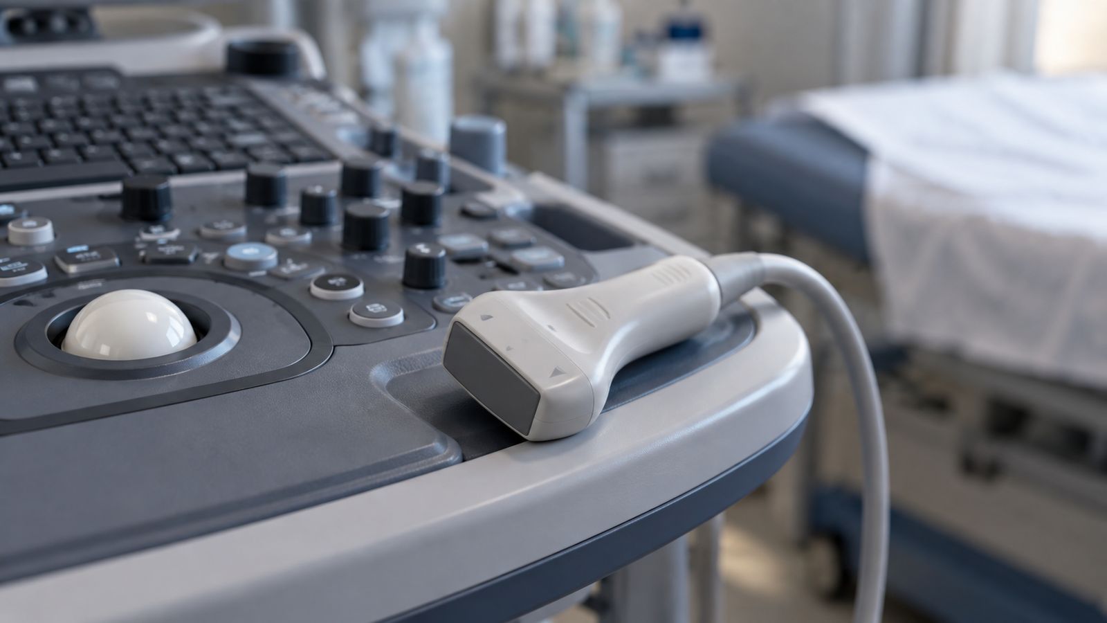 Sonde d'échographie posée sur la console d'un échographe