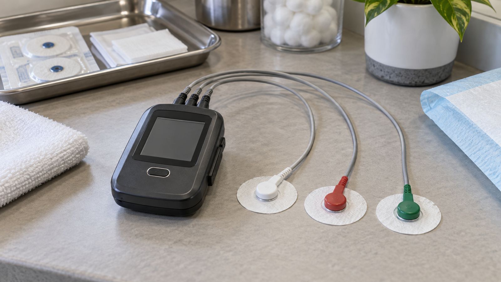 Enregistreur Holter et ses électrodes posés sur une table de soins