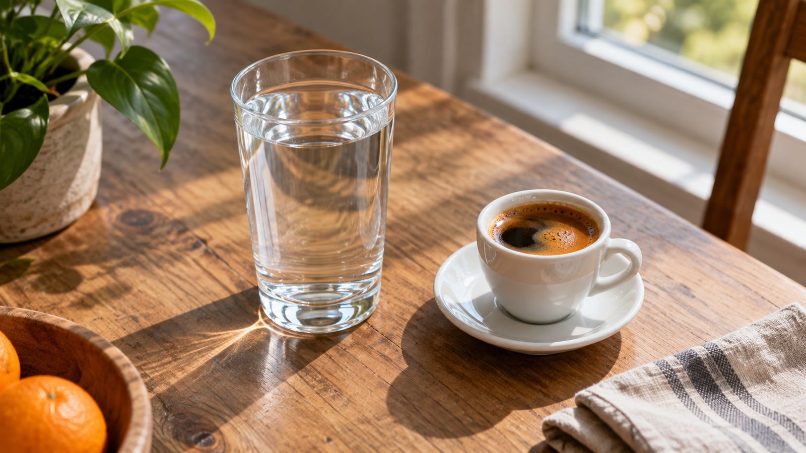 Verre d'eau et tasse de café sur une table en bois