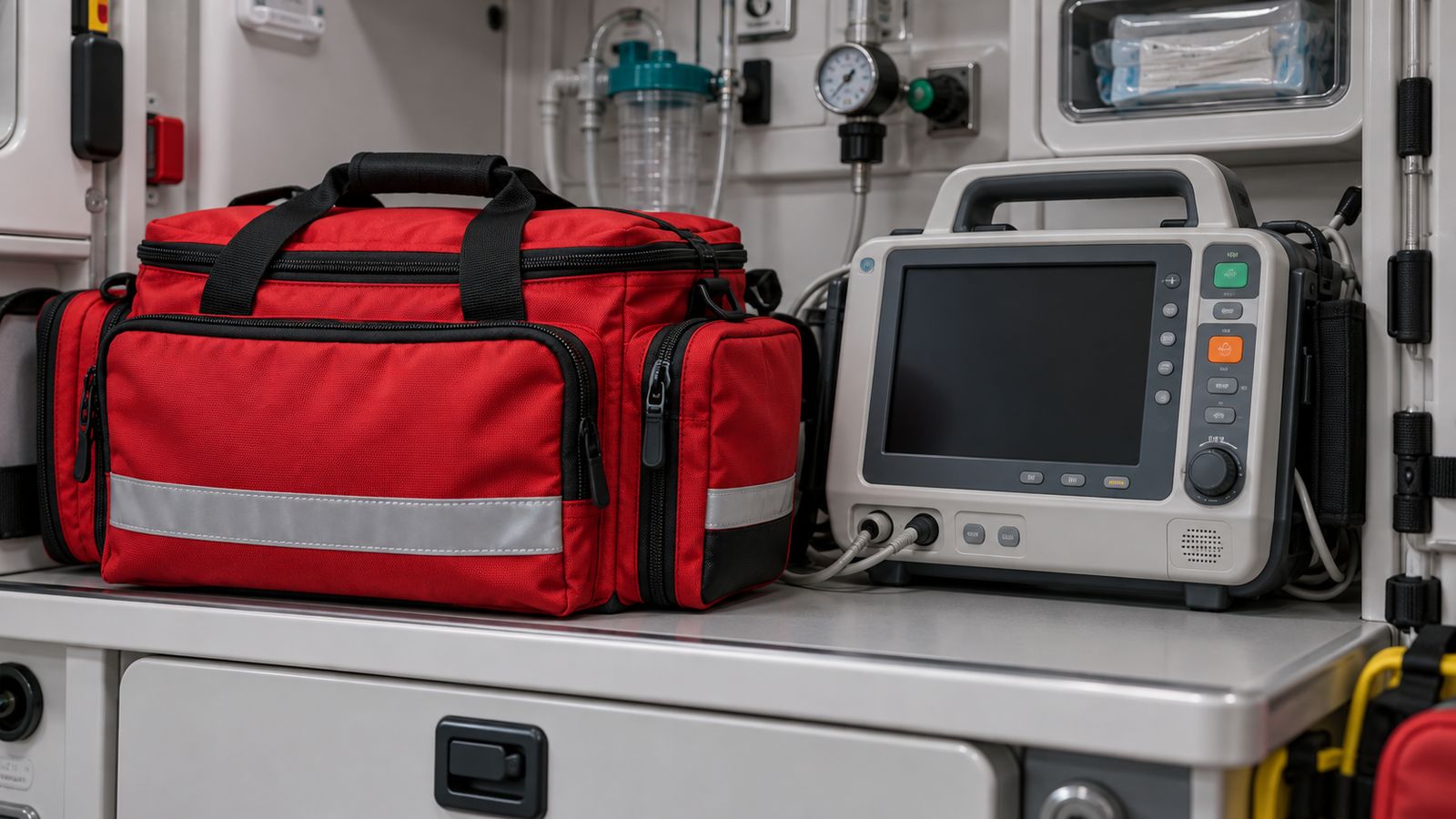 Sac de secours et moniteur médical à l'intérieur d'une ambulance