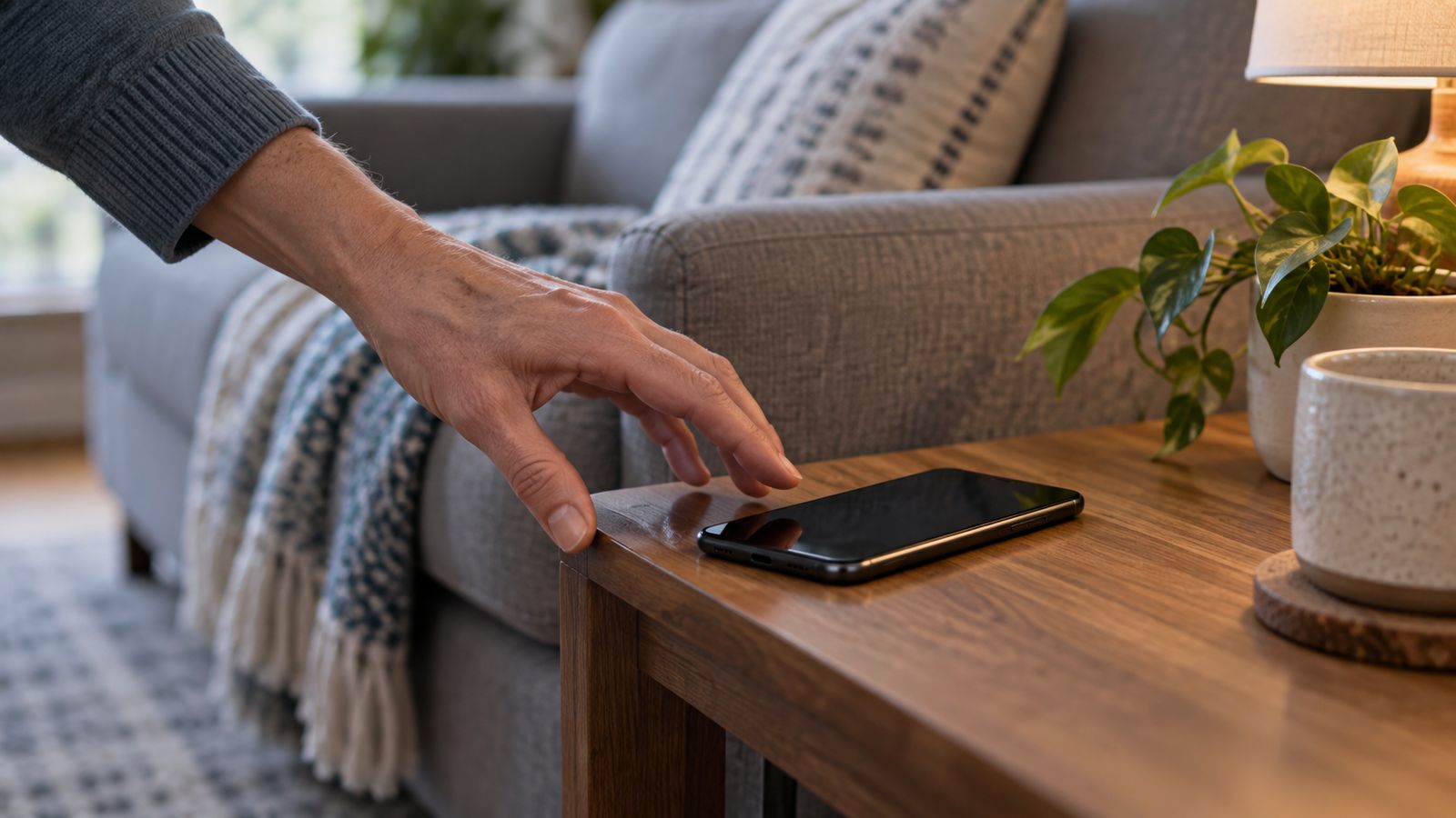 Main qui saisit un téléphone posé sur une table basse