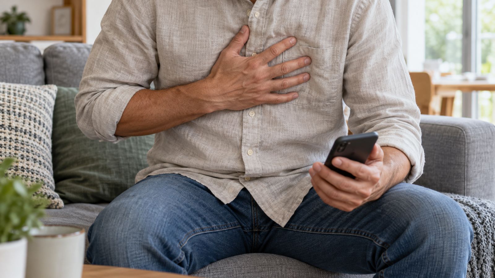 Personne assise portant la main à la poitrine, un téléphone à la main