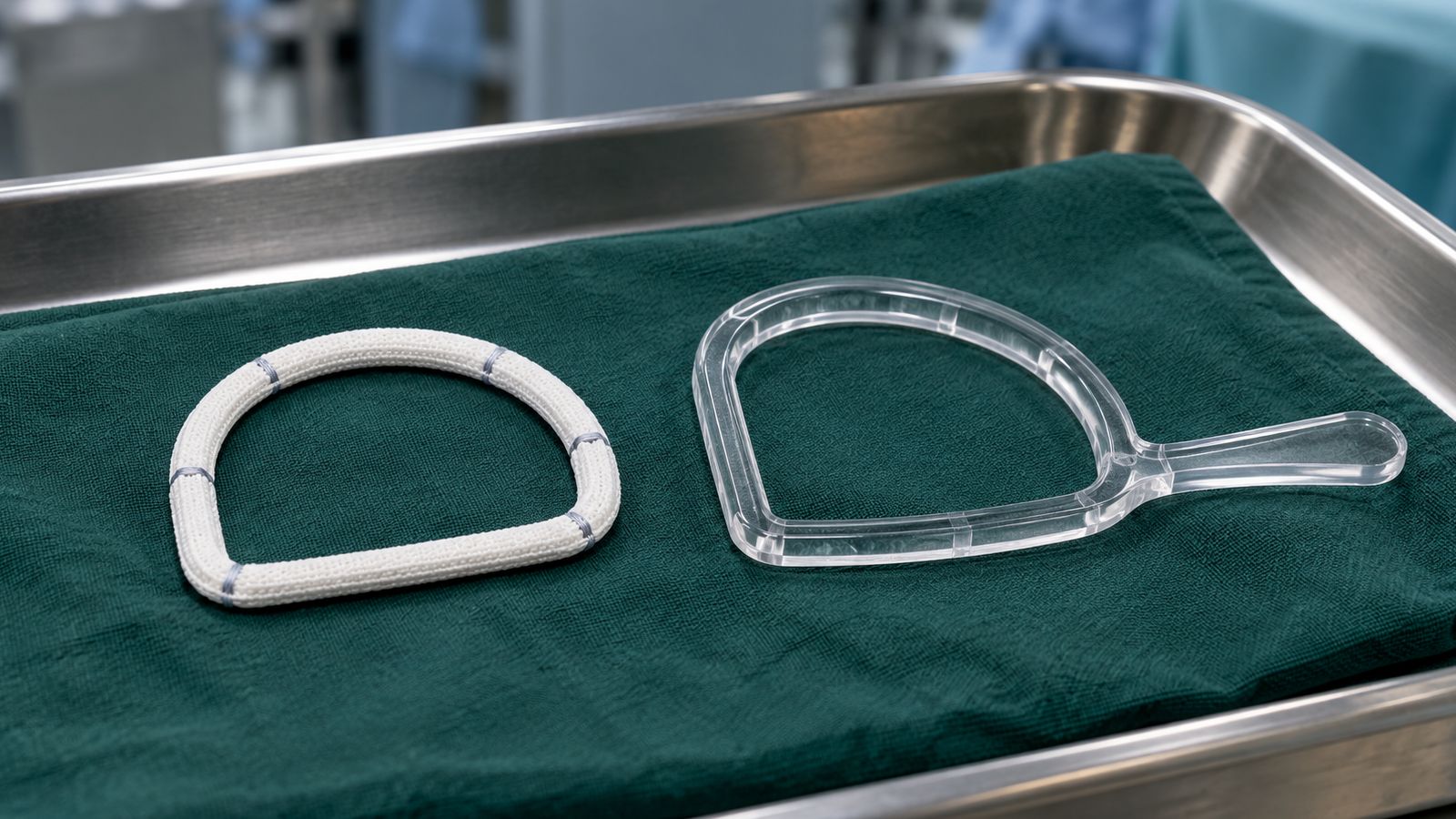 Anneau de plastie mitrale en forme de D, recouvert de tissu blanc, à côté de son gabarit transparent sur un champ vert