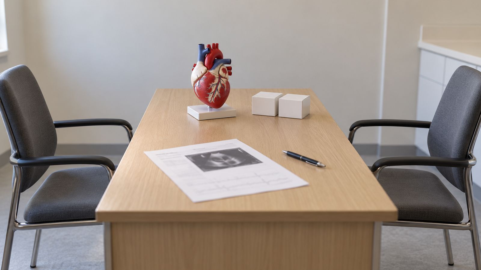 Bureau de consultation avec un modèle de cœur, deux boîtes de valves et un compte rendu d'échographie, entre deux chaises vides