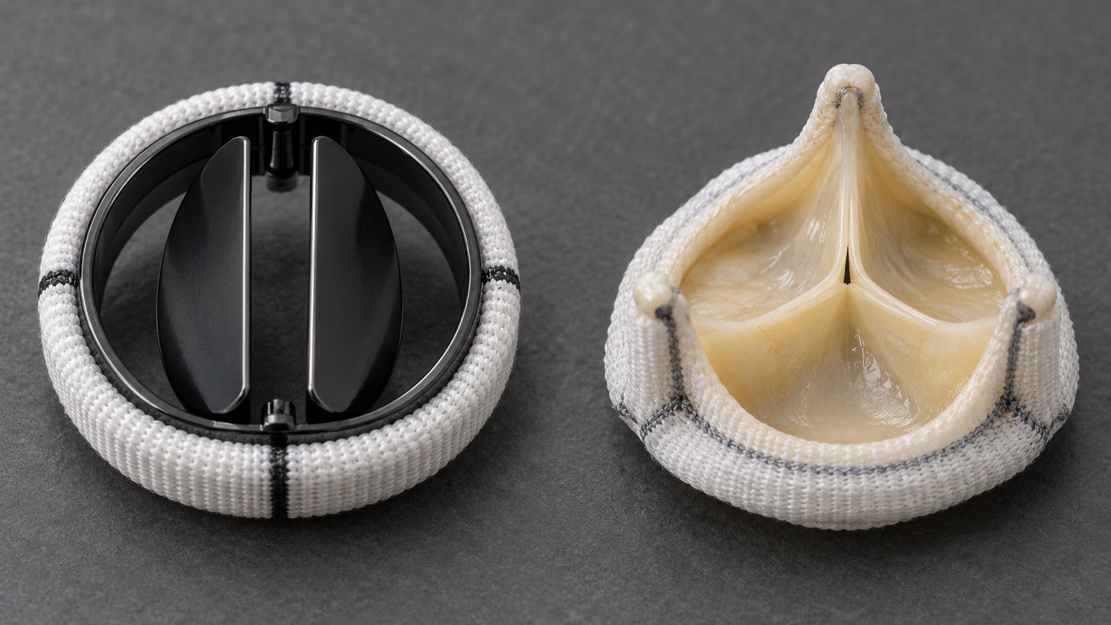 Une valve mécanique à deux ailettes en carbone et une valve biologique à trois feuillets crème, côte à côte sur un fond gris
